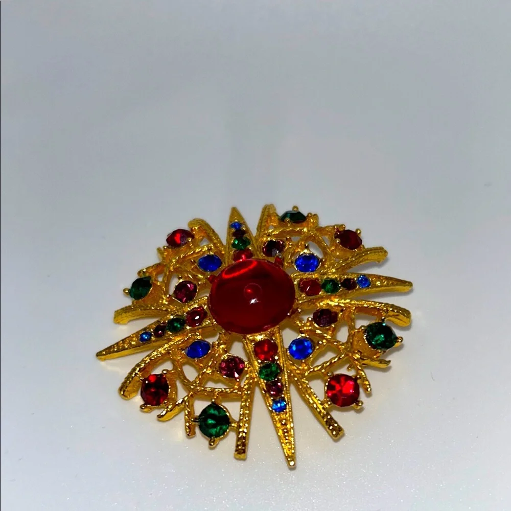 Gold Tone Vintage Starburst Brooch with Colorful Gemstones